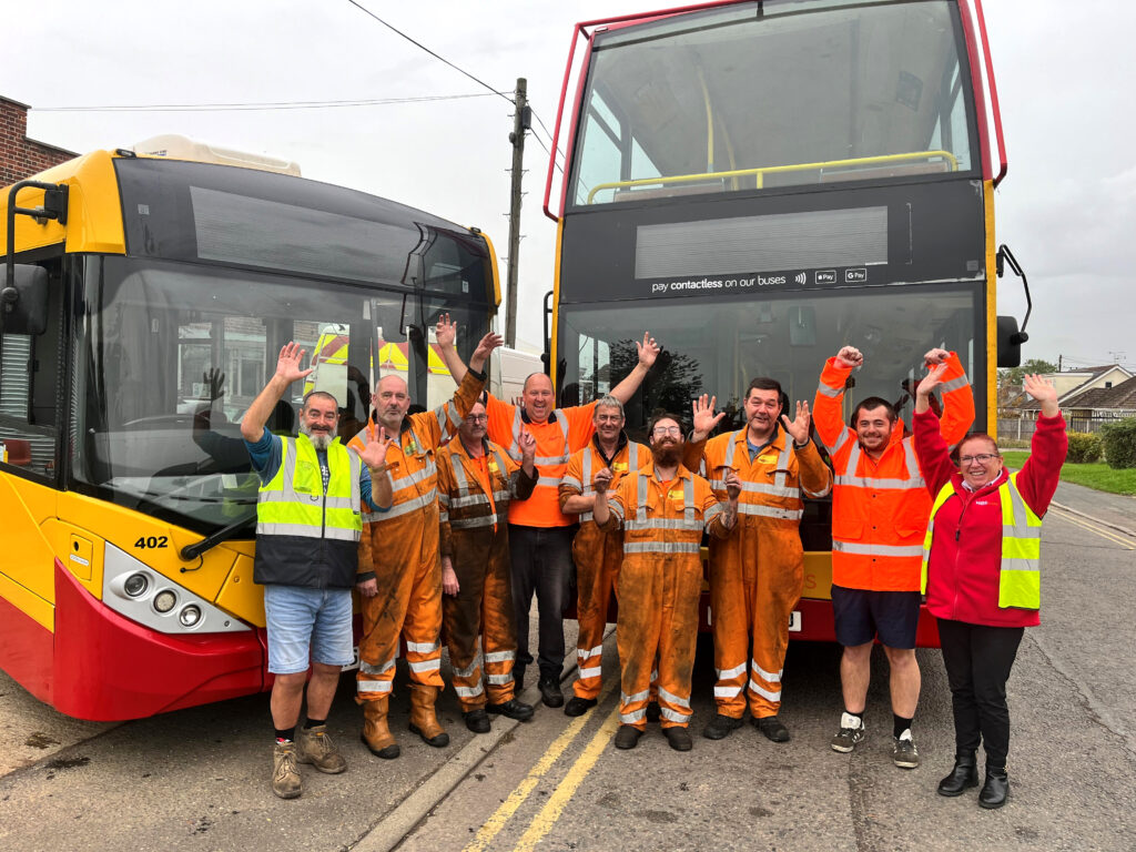  Employees at NIBS Buses in Wickford celebrate the news of the EOT sale